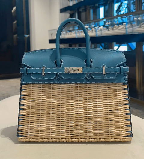 Hermès Bleu Jean Osier Wicker Picnic Birkin 25 Swift