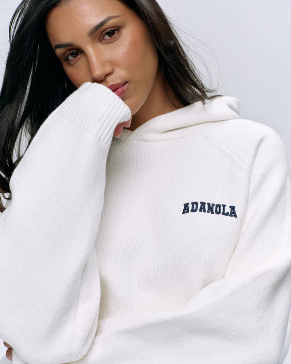 Varsity Oversized Knit Hoodie - Cream/Navy Blue